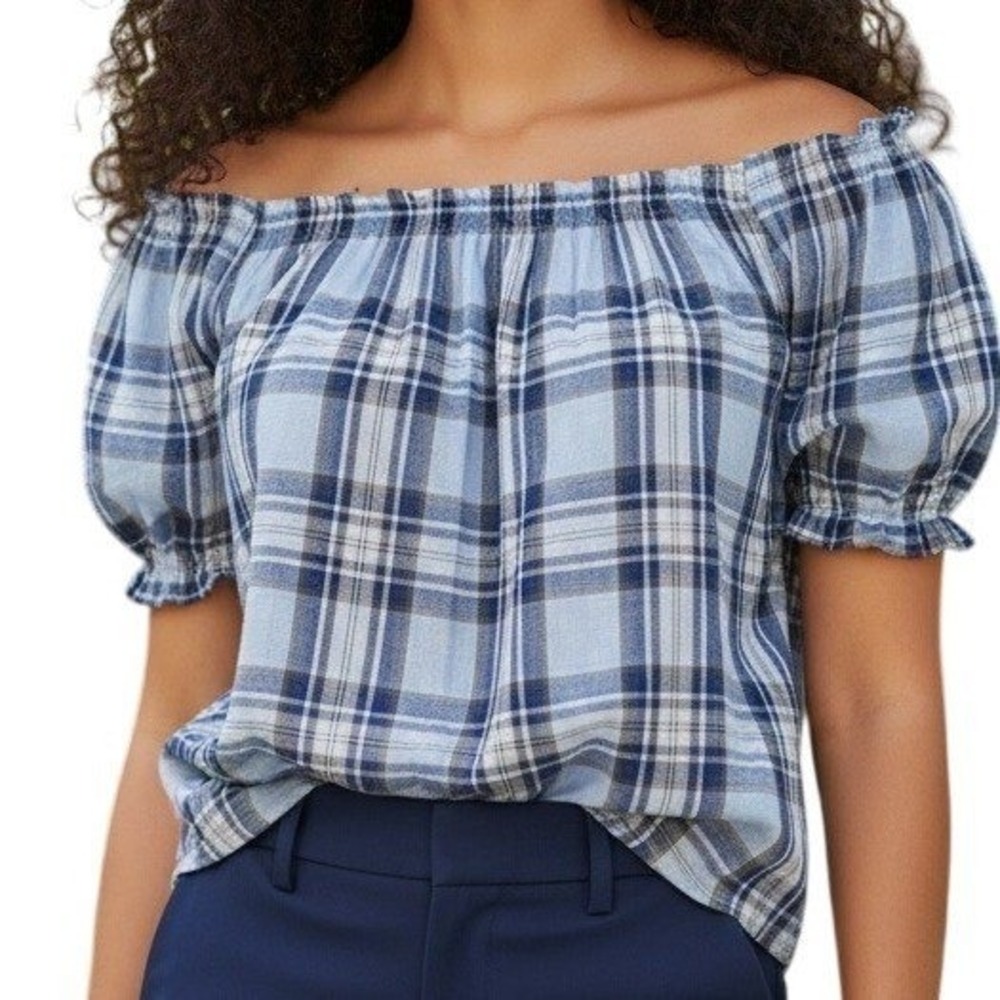 EXPRESS Blue Plaid Off Shoulder Super Soft Flutter Sleeve Blouse NWT Size S